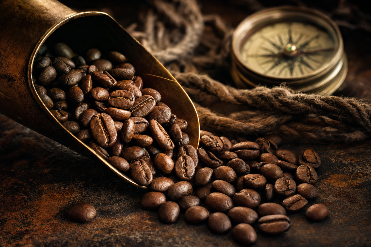 Fresh roasted coffee beans spilling from a brass scoop with compass and rope