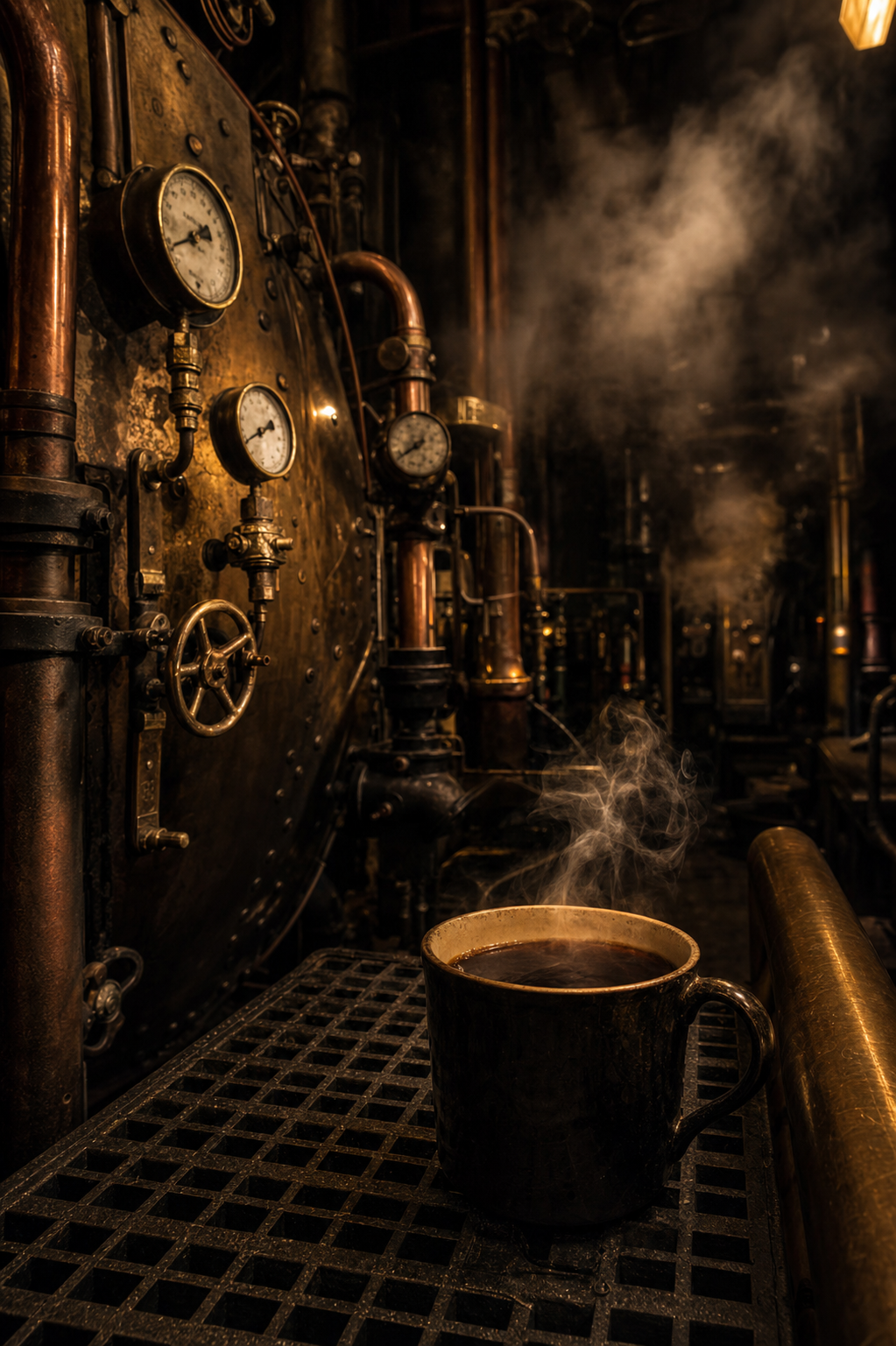 Steaming coffee mug on ship engine room iron grating surrounded by brass pipes and gauges