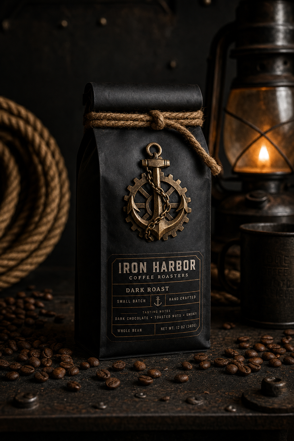 Black Engine Room Brew coffee bag with anchor and gear emblem